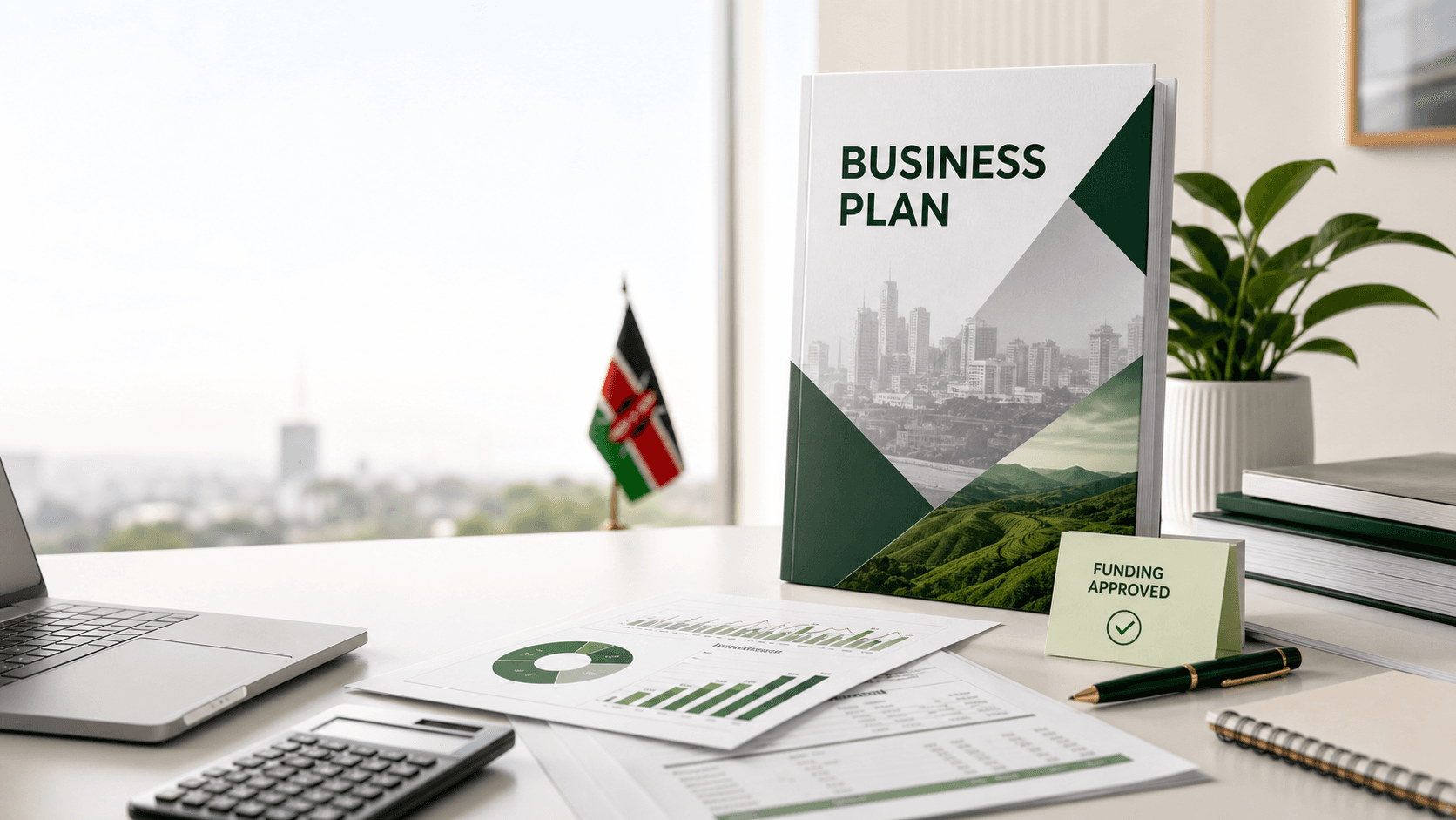 Business plan document and financial charts on a professional desk
